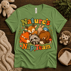 Nature's Nap Team cute animal graphic t-shirt cozy flat lay in leaf.