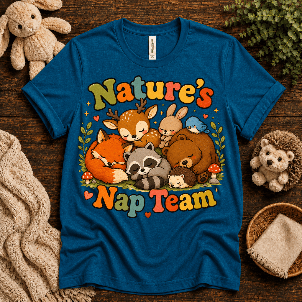 Nature's Nap Team cute animal graphic t-shirt cozy flat lay in deep teal.