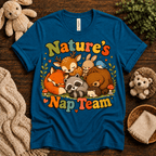 Nature's Nap Team cute animal graphic t-shirt cozy flat lay in deep teal.