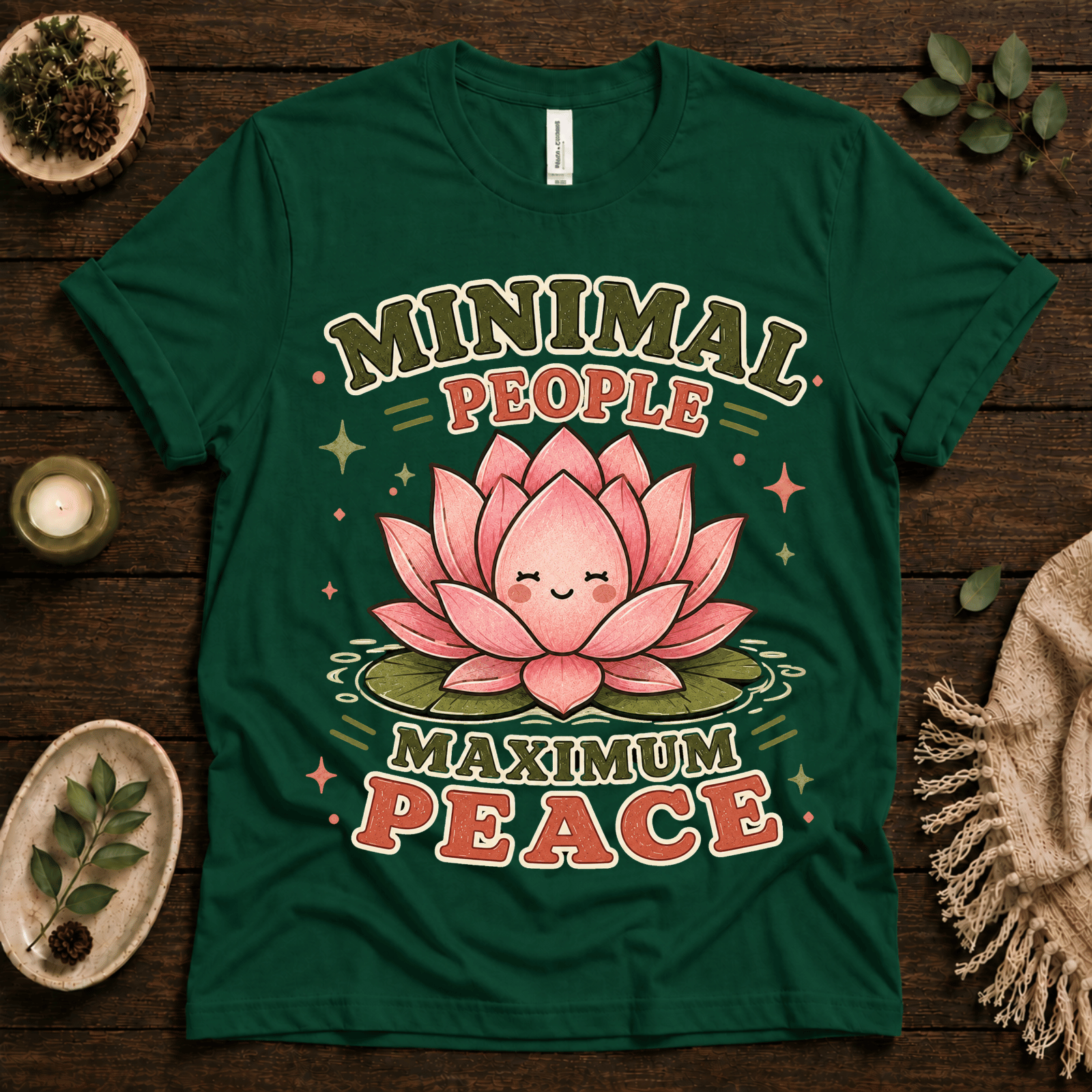 Minimal People funny plant graphic t-shirt cozy flat lay in evergreen.