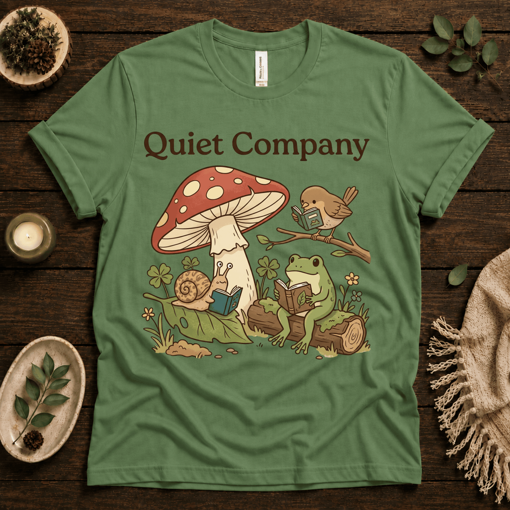 Quiet Company nature lover graphic t-shirt cozy flat lay in evergreen.
