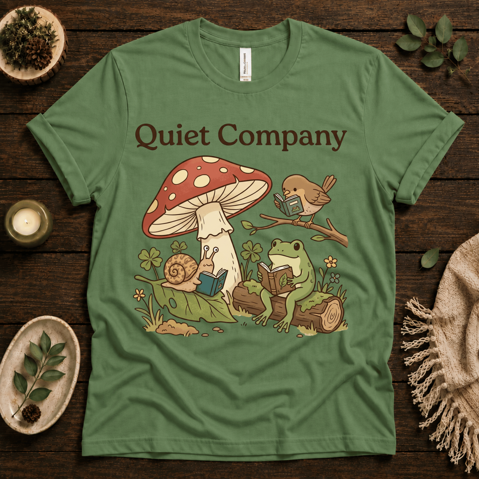 Quiet Company nature lover graphic t-shirt cozy flat lay in evergreen.