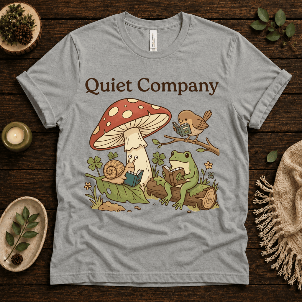 Quiet Company nature lover graphic t-shirt cozy flat lay in athletic heather.