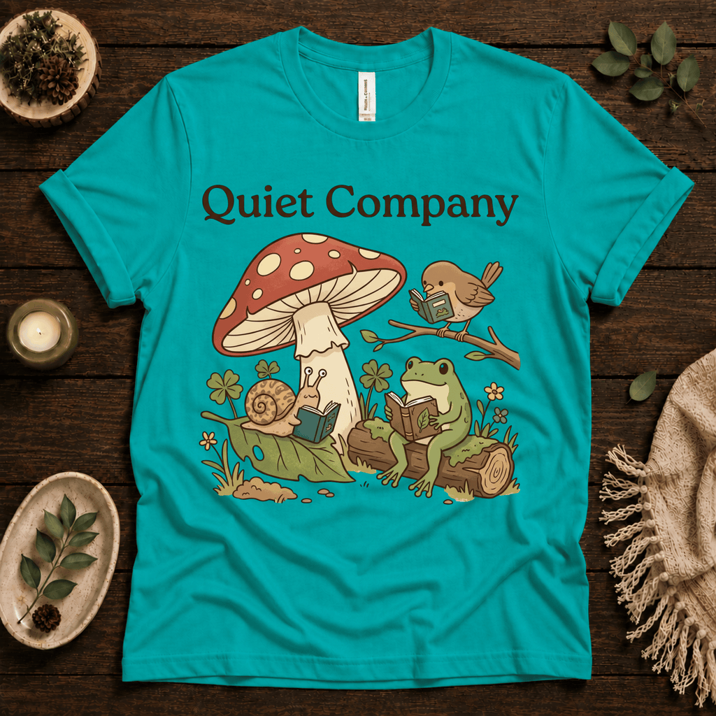 Quiet Company nature lover graphic t-shirt cozy flat lay in heather sea green.