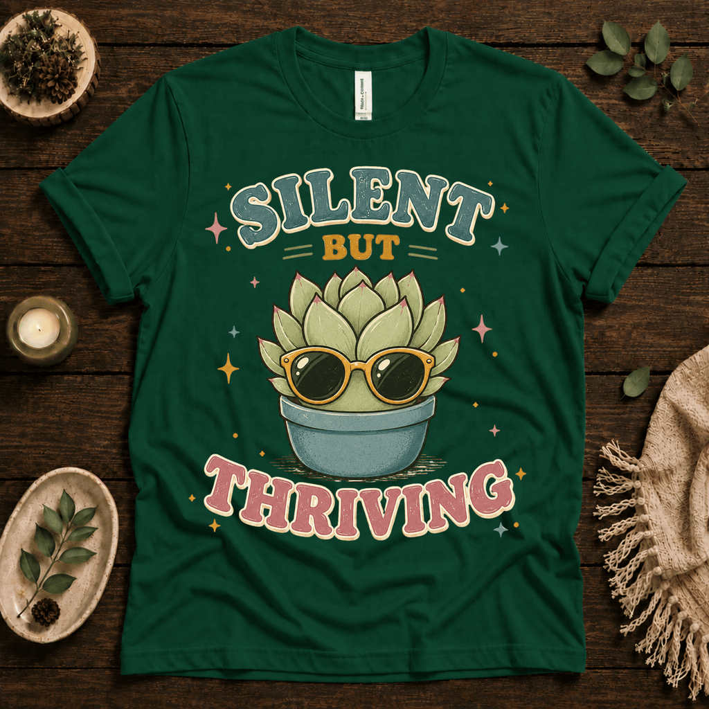Silent But Thriving funny plant graphic t-shirt cozy flat lay in evergreen.