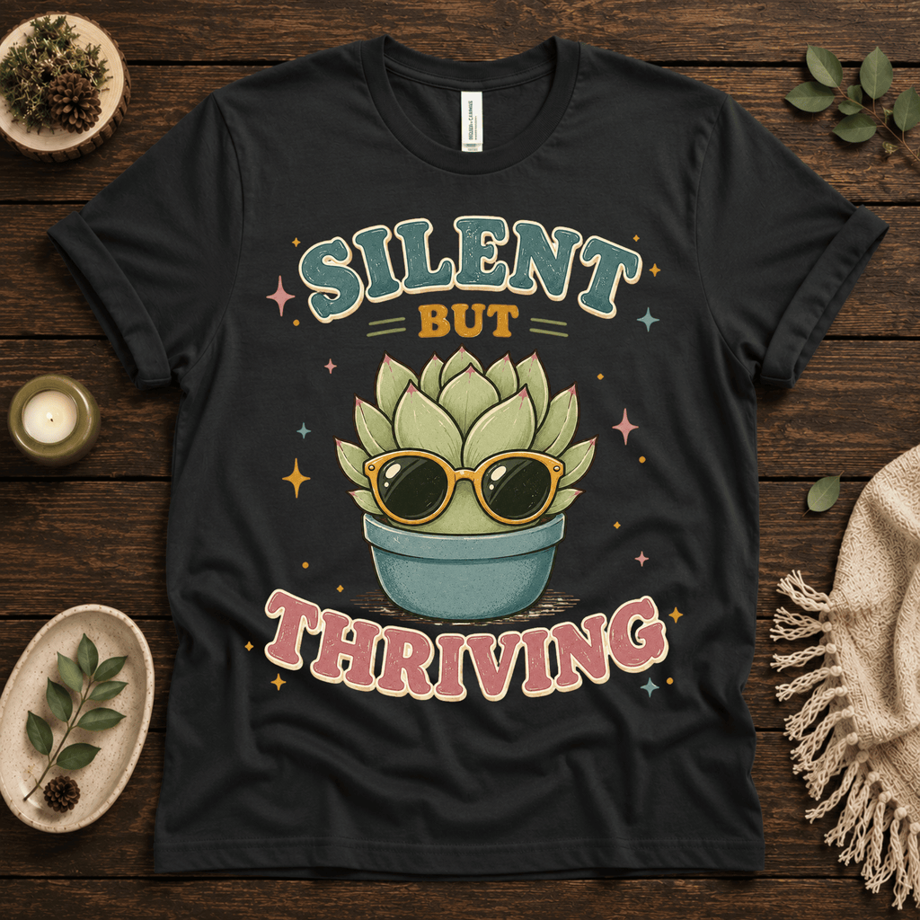 Silent But Thriving funny plant graphic t-shirt cozy flat lay in vintage black.