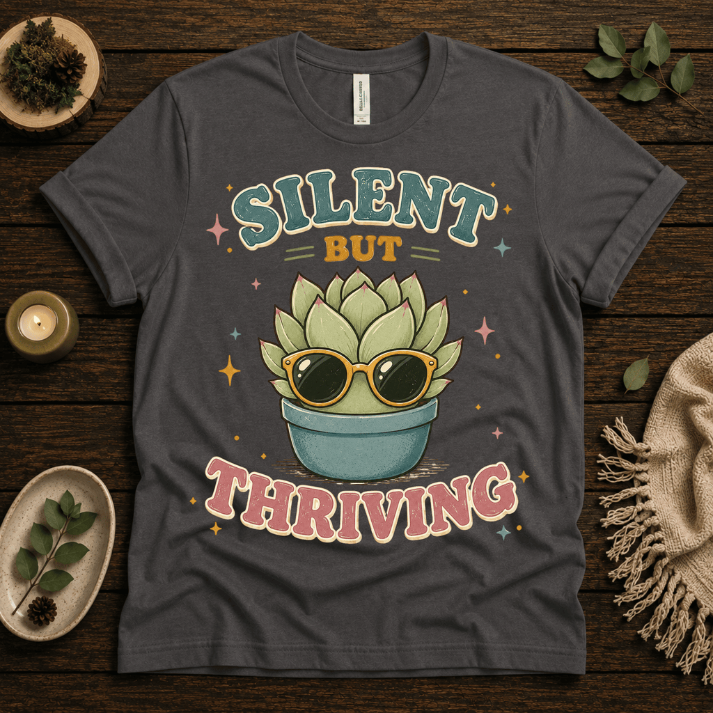 Silent But Thriving funny plant graphic t-shirt cozy flat lay in asphalt.