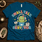 Small Talk Survivor funny plant graphic t-shirt cozy flat lay in deep teal.