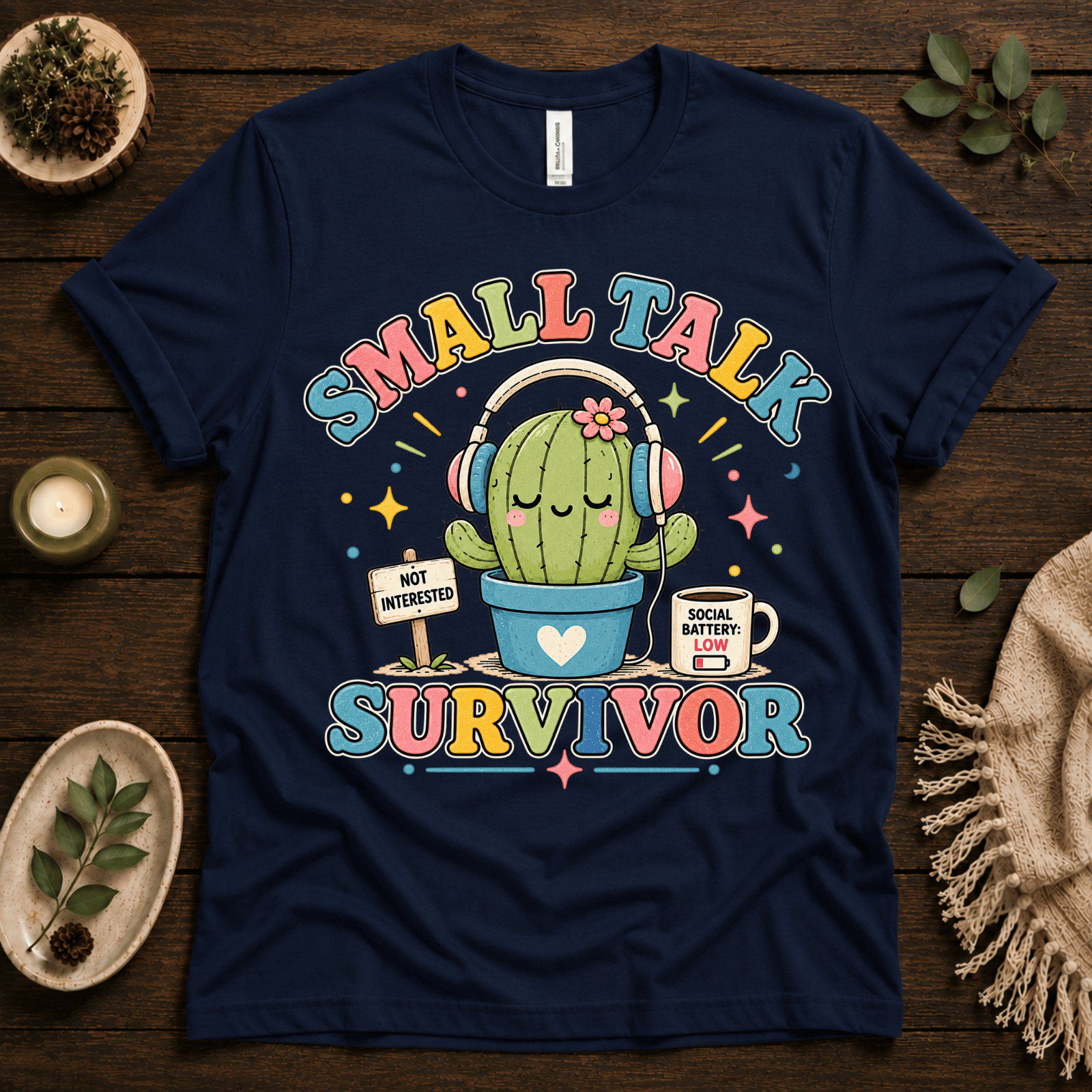 Small Talk Survivor funny plant graphic t-shirt cozy flat lay in navy.