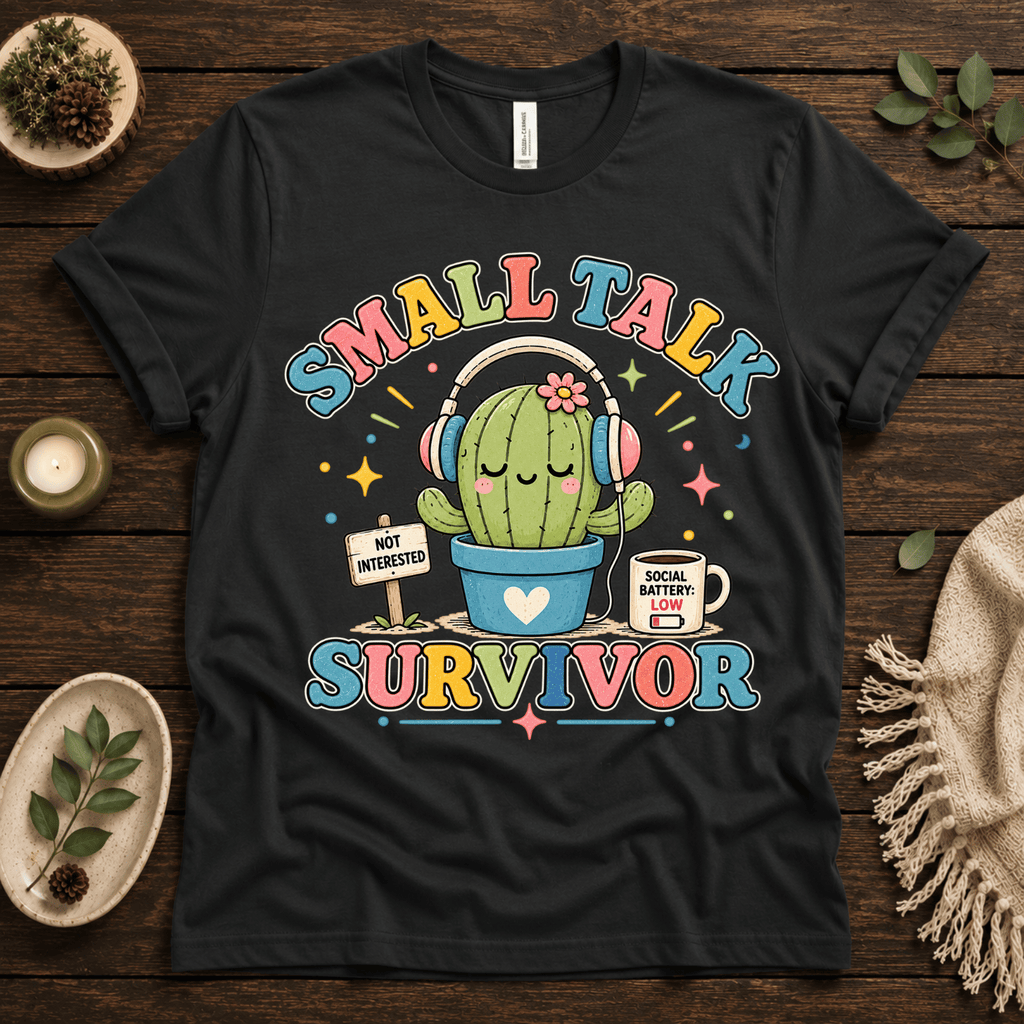 Small Talk Survivor funny plant graphic t-shirt cozy flat lay in vintage black.