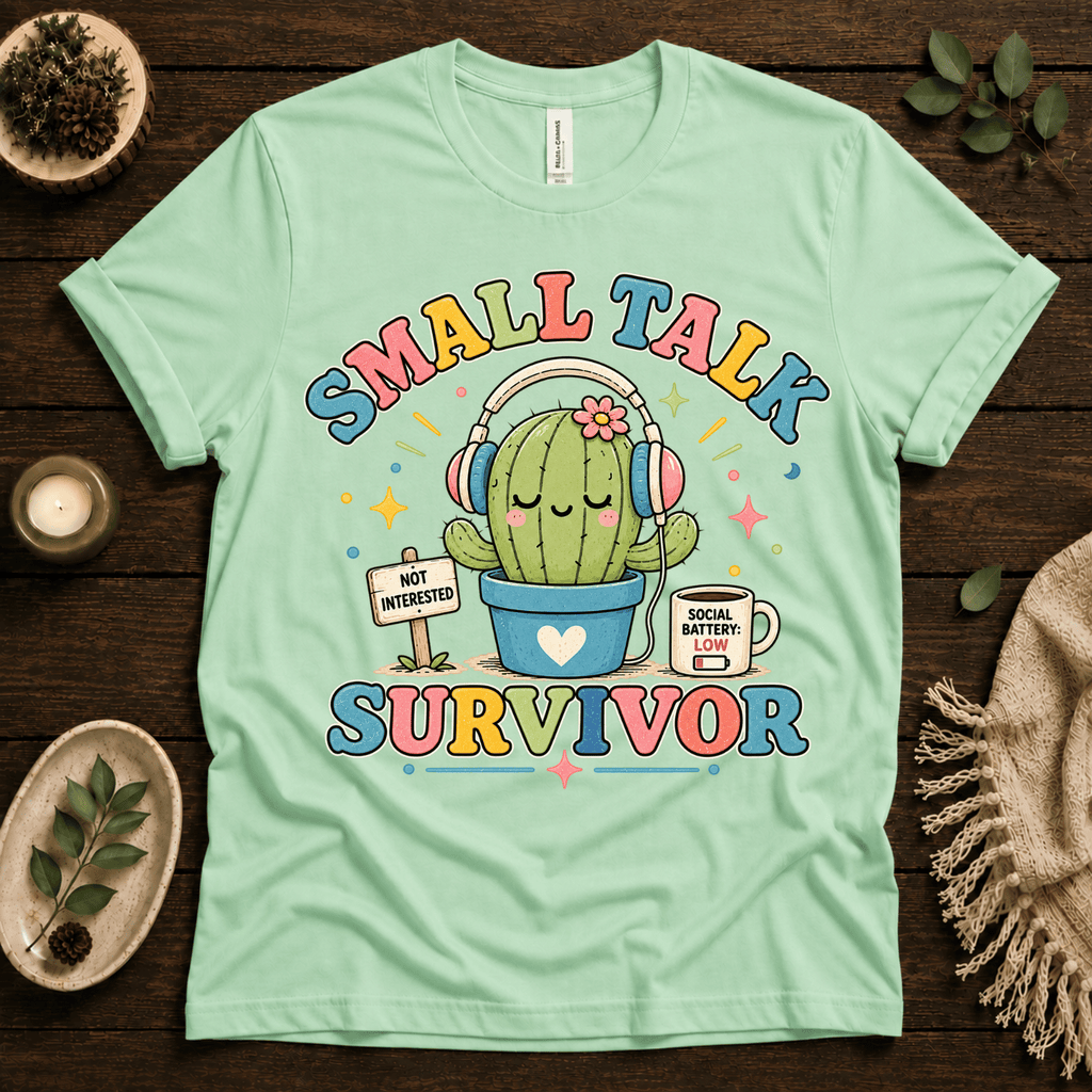 Small Talk Survivor funny plant graphic t-shirt cozy flat lay in mint.