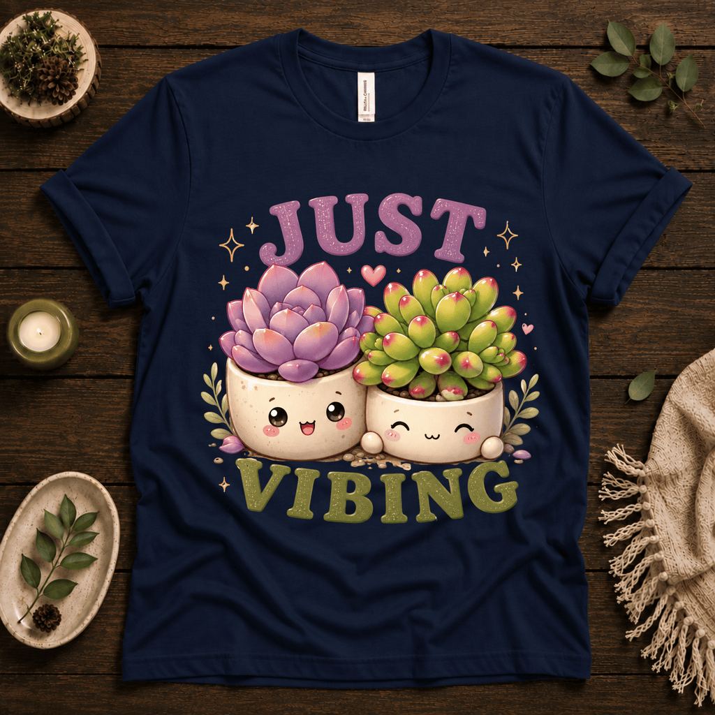 Succulent Vibing funny plant graphic t-shirt cozy flat lay in navy.