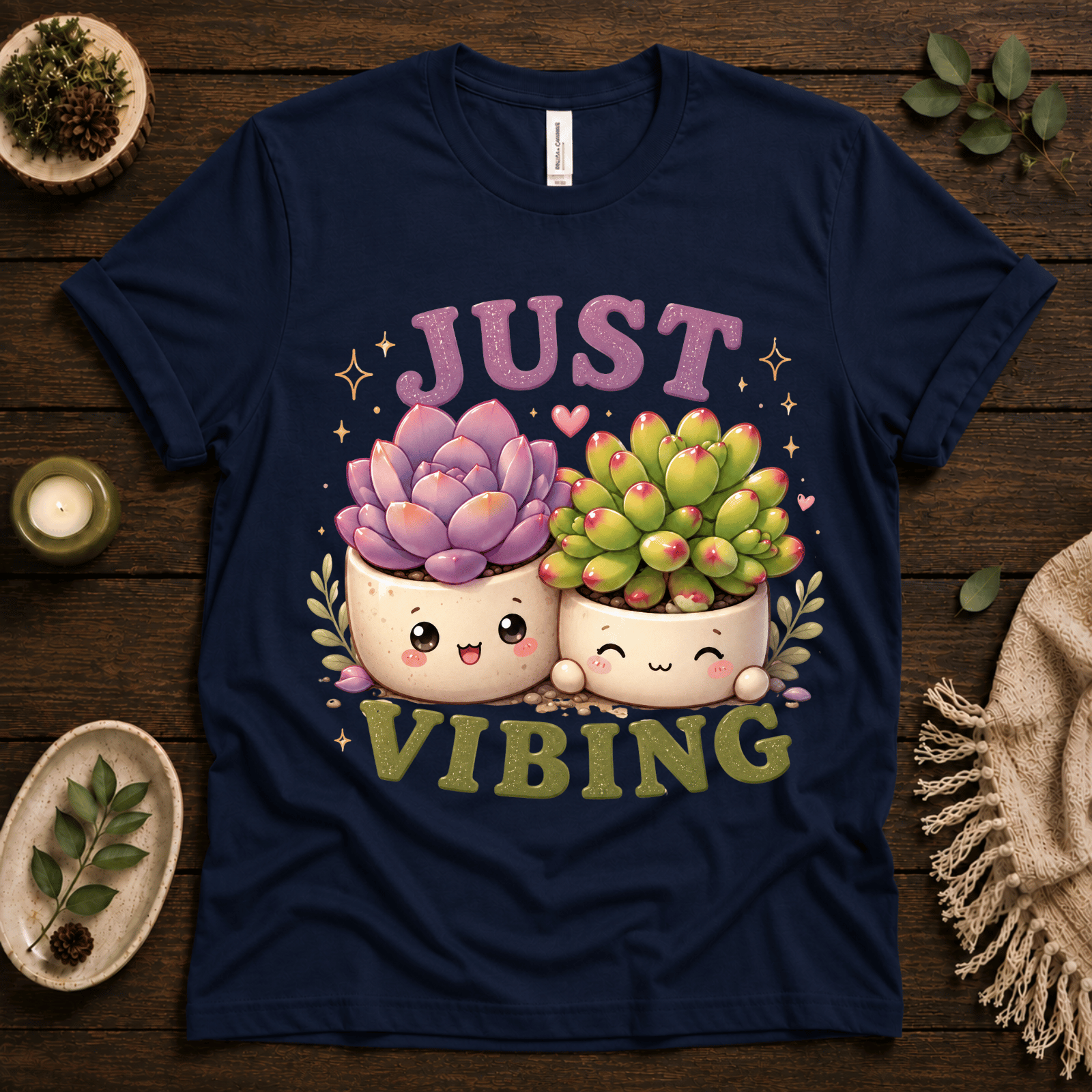 Succulent Vibing funny plant graphic t-shirt cozy flat lay in navy.