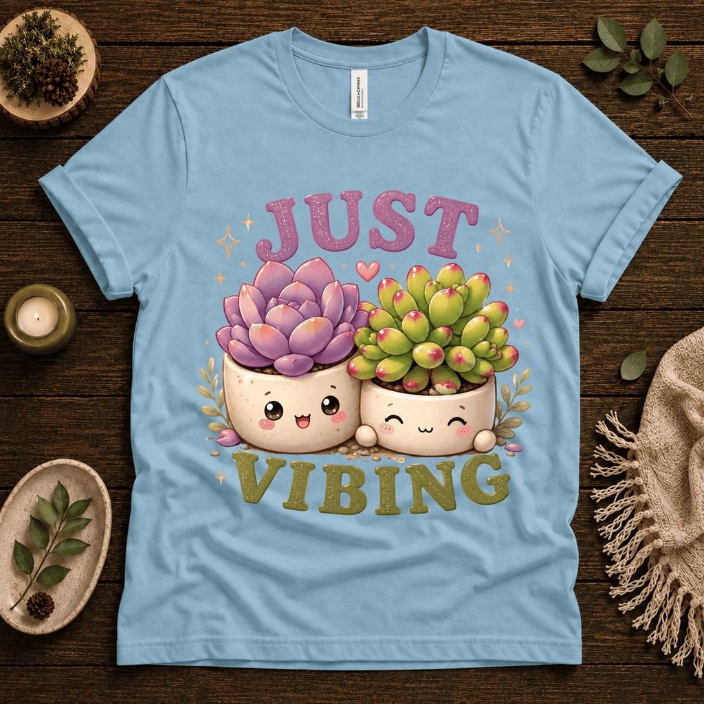 Succulent Vibing funny plant graphic t-shirt cozy flat lay in baby blue.