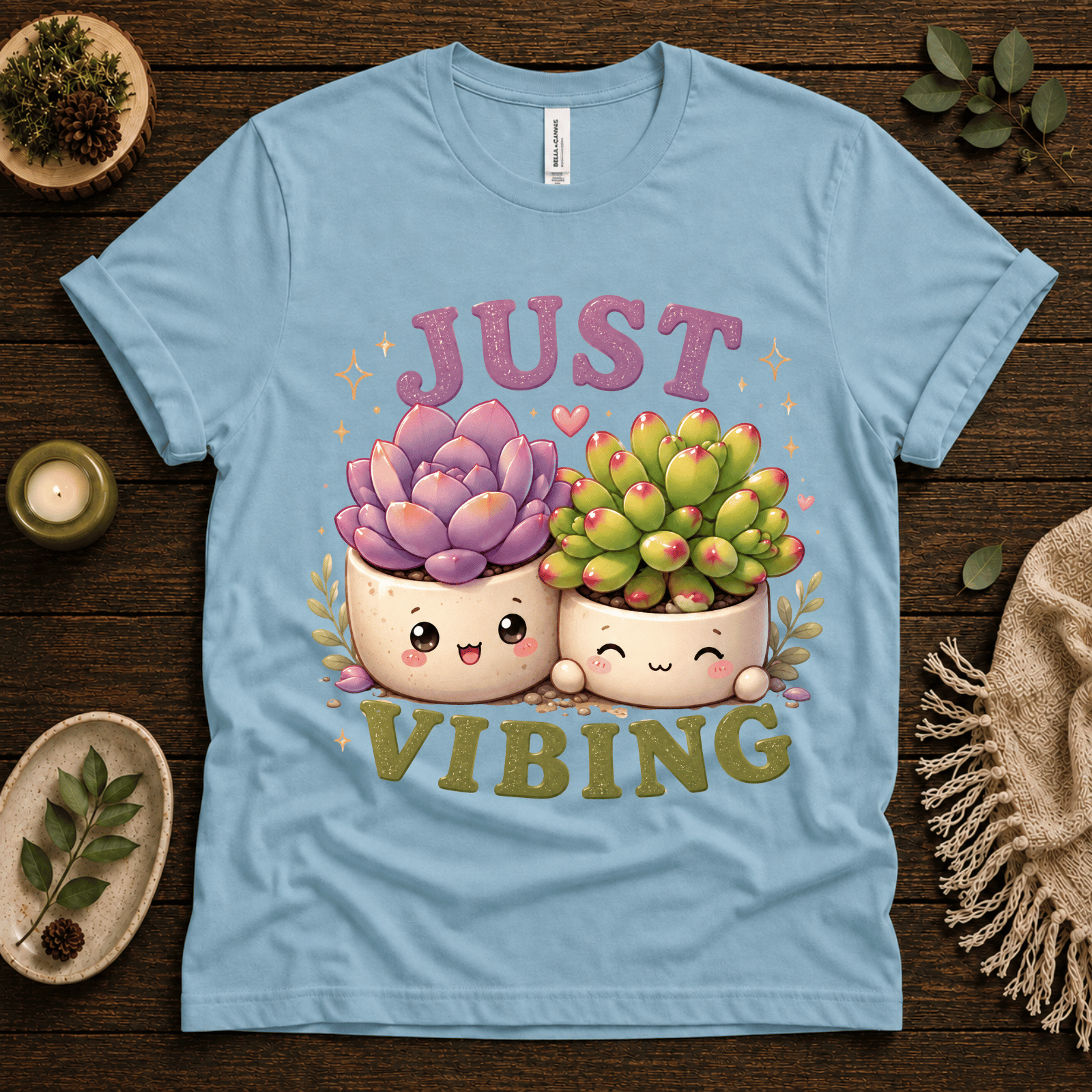 Succulent Vibing funny plant graphic t-shirt cozy flat lay in baby blue.