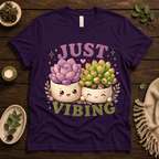Succulent Vibing funny plant graphic t-shirt cozy flat lay in team purple.