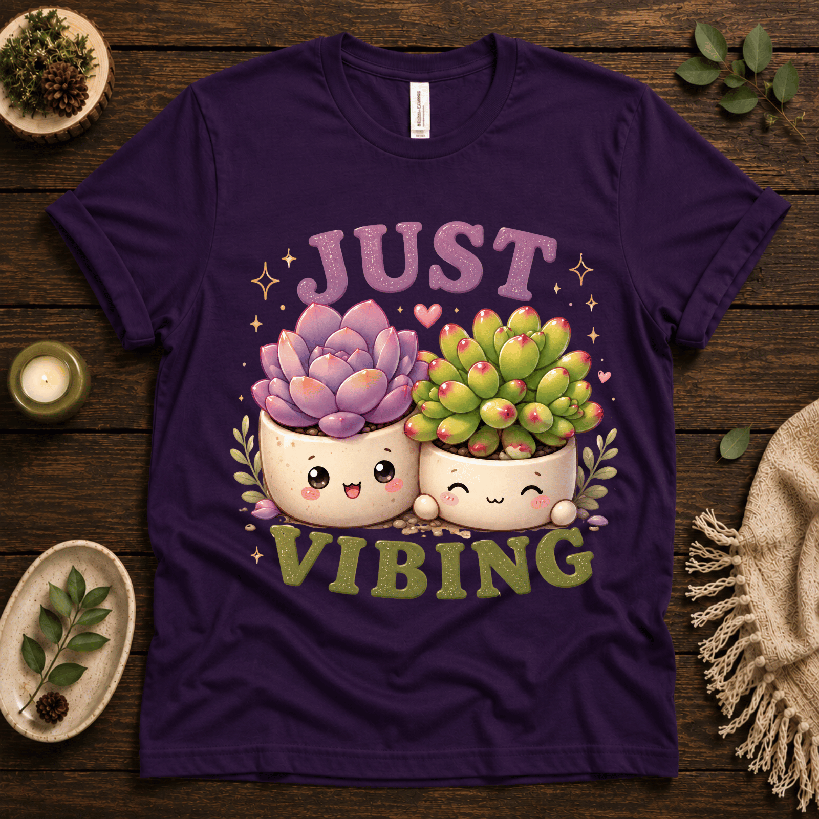 Succulent Vibing funny plant graphic t-shirt cozy flat lay in team purple.