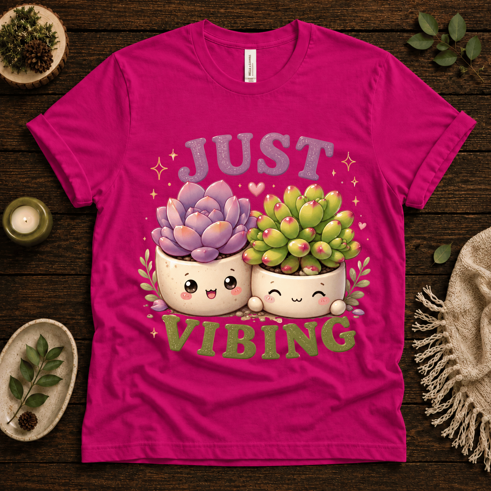 Succulent Vibing funny plant graphic t-shirt cozy flat lay in charity pink.