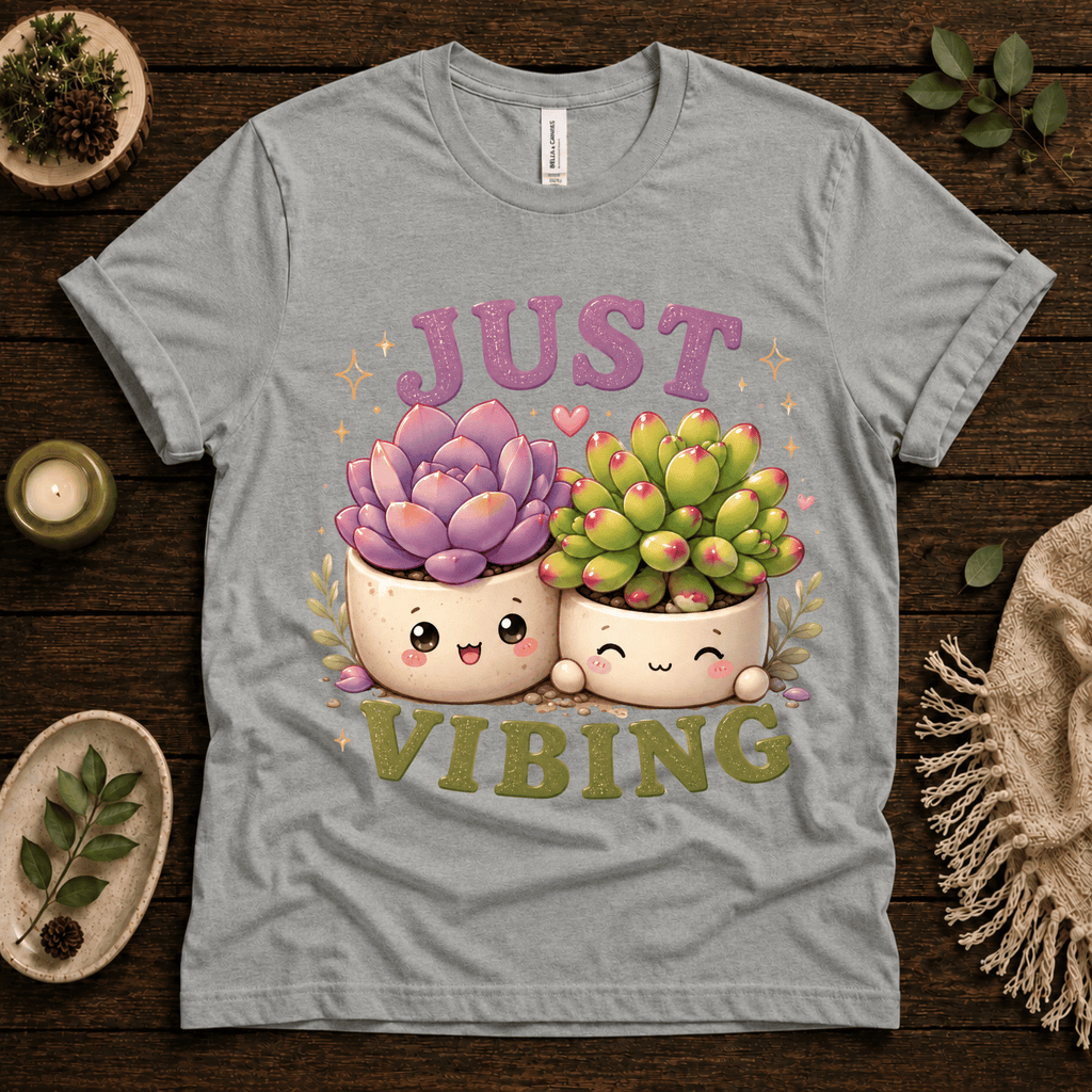 Succulent Vibing funny plant graphic t-shirt cozy flat lay in athletic heather.