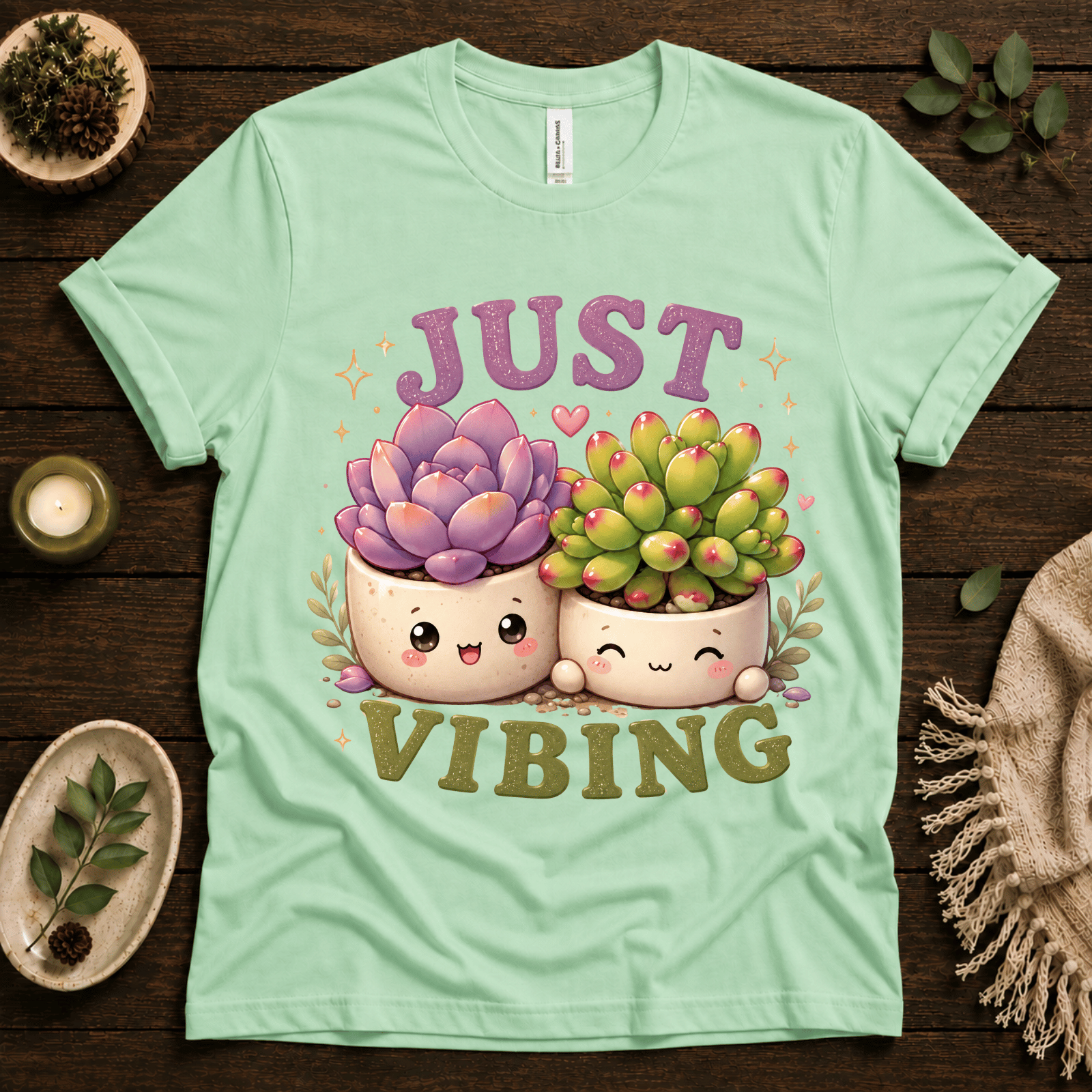 Succulent Vibing funny plant graphic t-shirt cozy flat lay in mint.