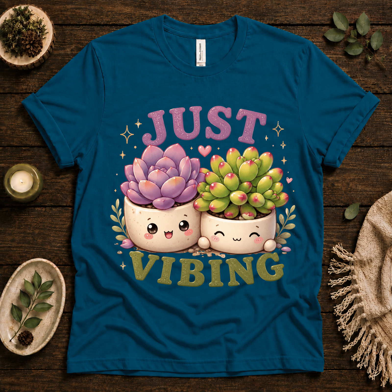 Succulent Vibing funny plant graphic t-shirt cozy flat lay in deep teal.