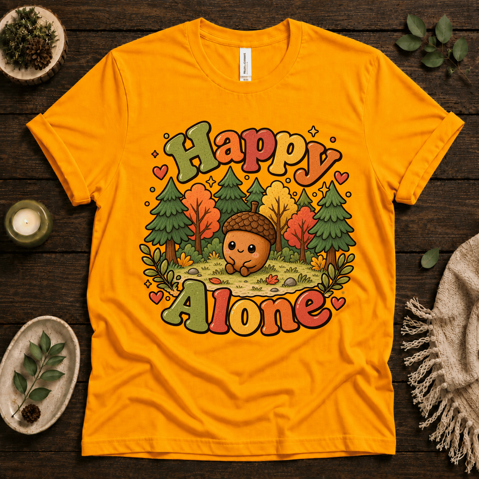 Happy Alone cute nature graphic t-shirt cozy flat lay in gold.