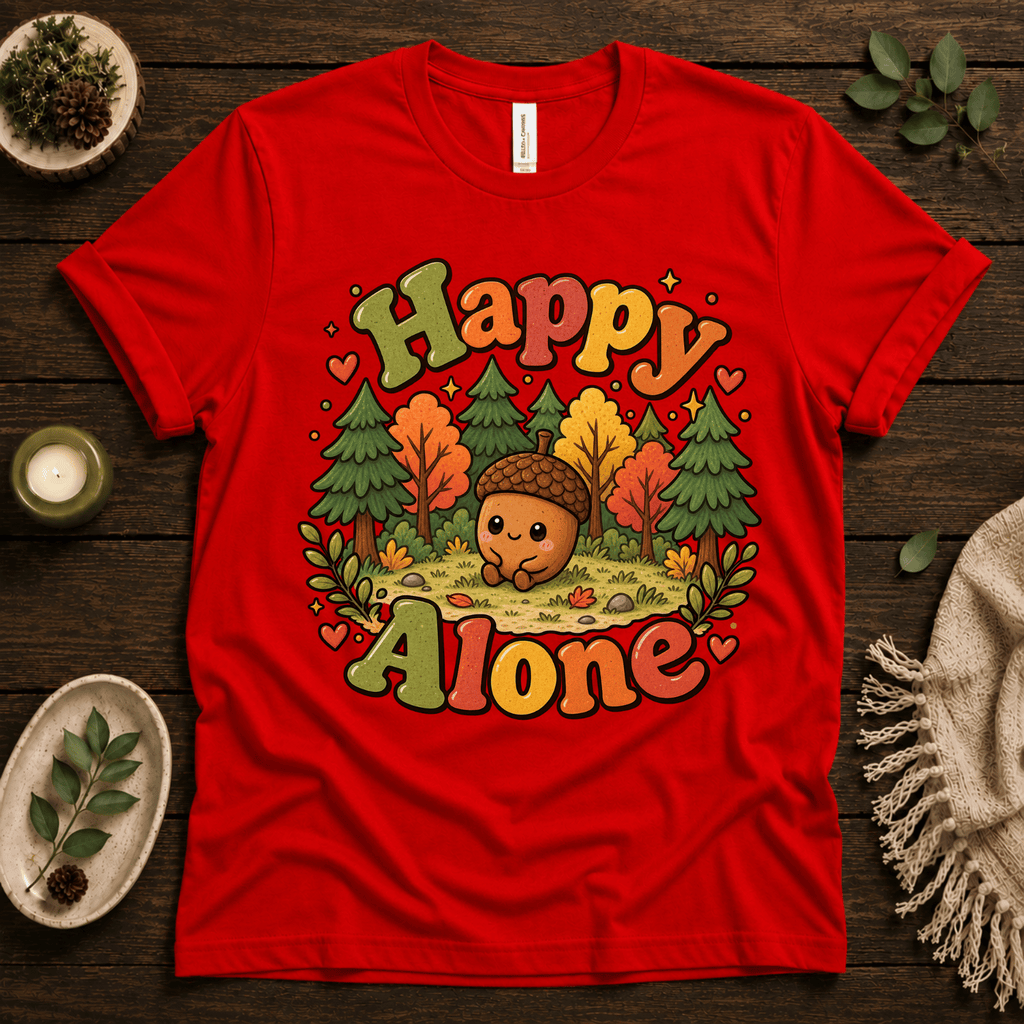Happy Alone cute nature graphic t-shirt cozy flat lay in red.