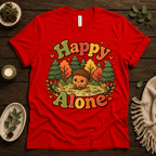 Happy Alone cute nature graphic t-shirt cozy flat lay in red.