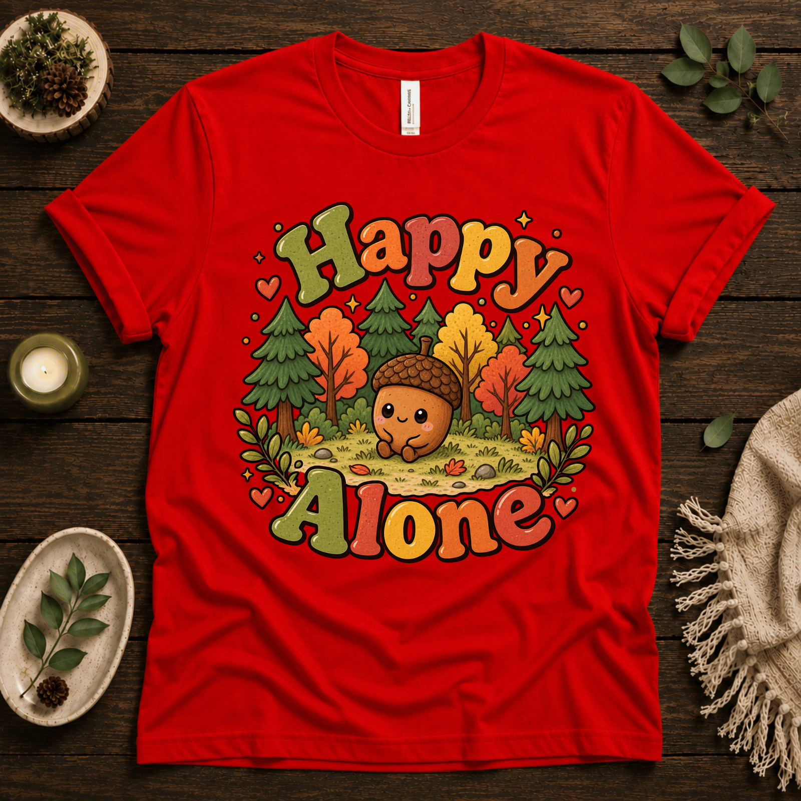 Happy Alone cute nature graphic t-shirt cozy flat lay in red.