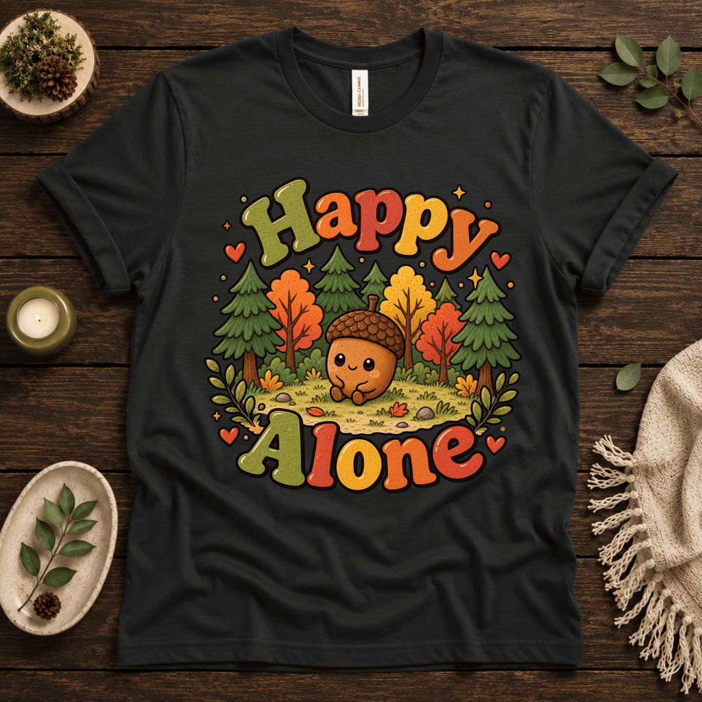 Happy Alone cute nature graphic t-shirt cozy flat lay in vintage black.