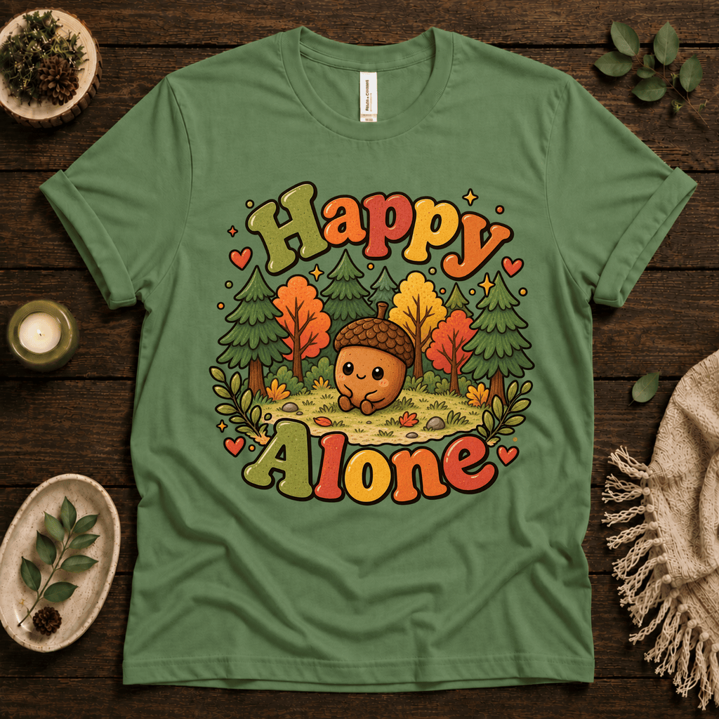 Happy Alone cute nature graphic t-shirt cozy flat lay in leaf.