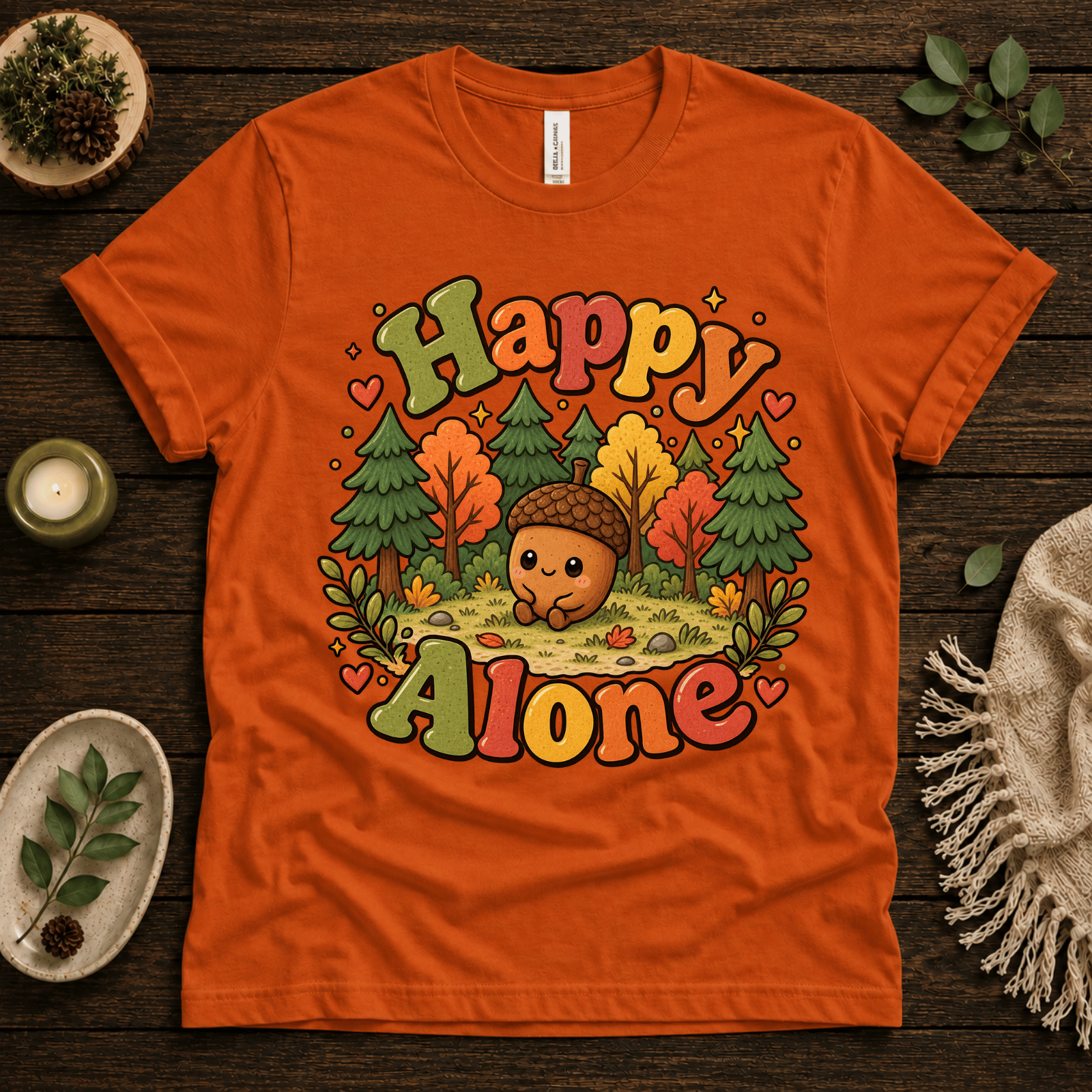 Happy Alone cute nature graphic t-shirt cozy flat lay in burnt orange.
