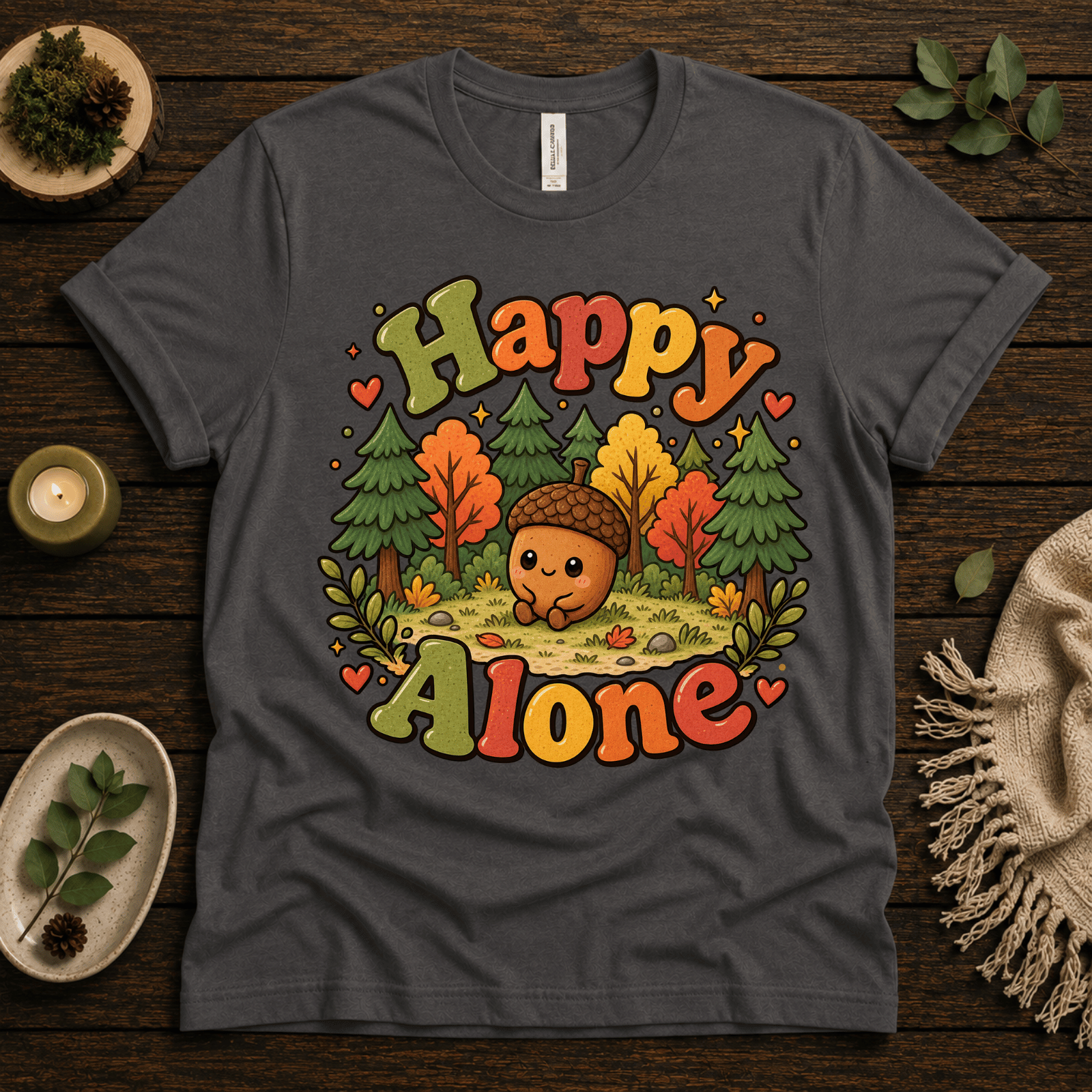 Happy Alone cute nature graphic t-shirt cozy flat lay in asphalt.