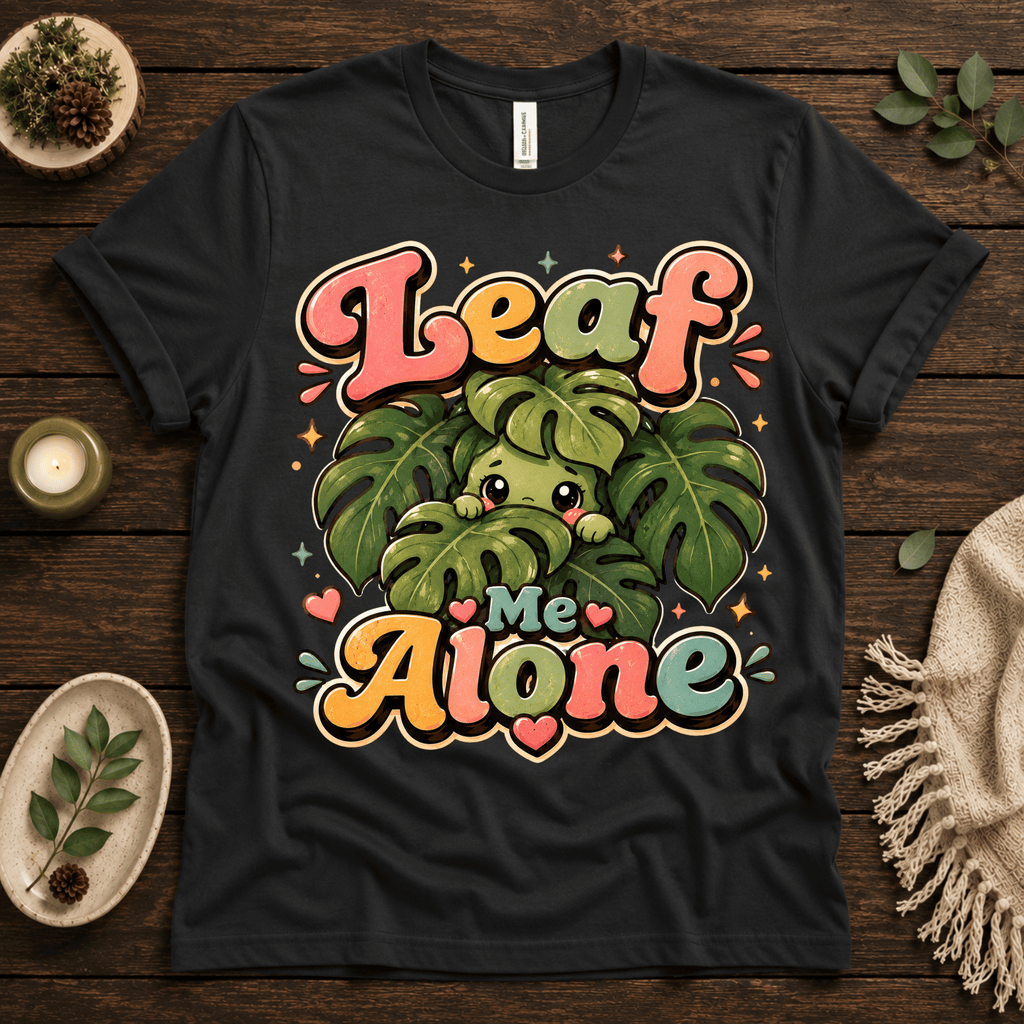 Leaf Me Alone funny nature graphic t-shirt cozy flat lay in vintage black.