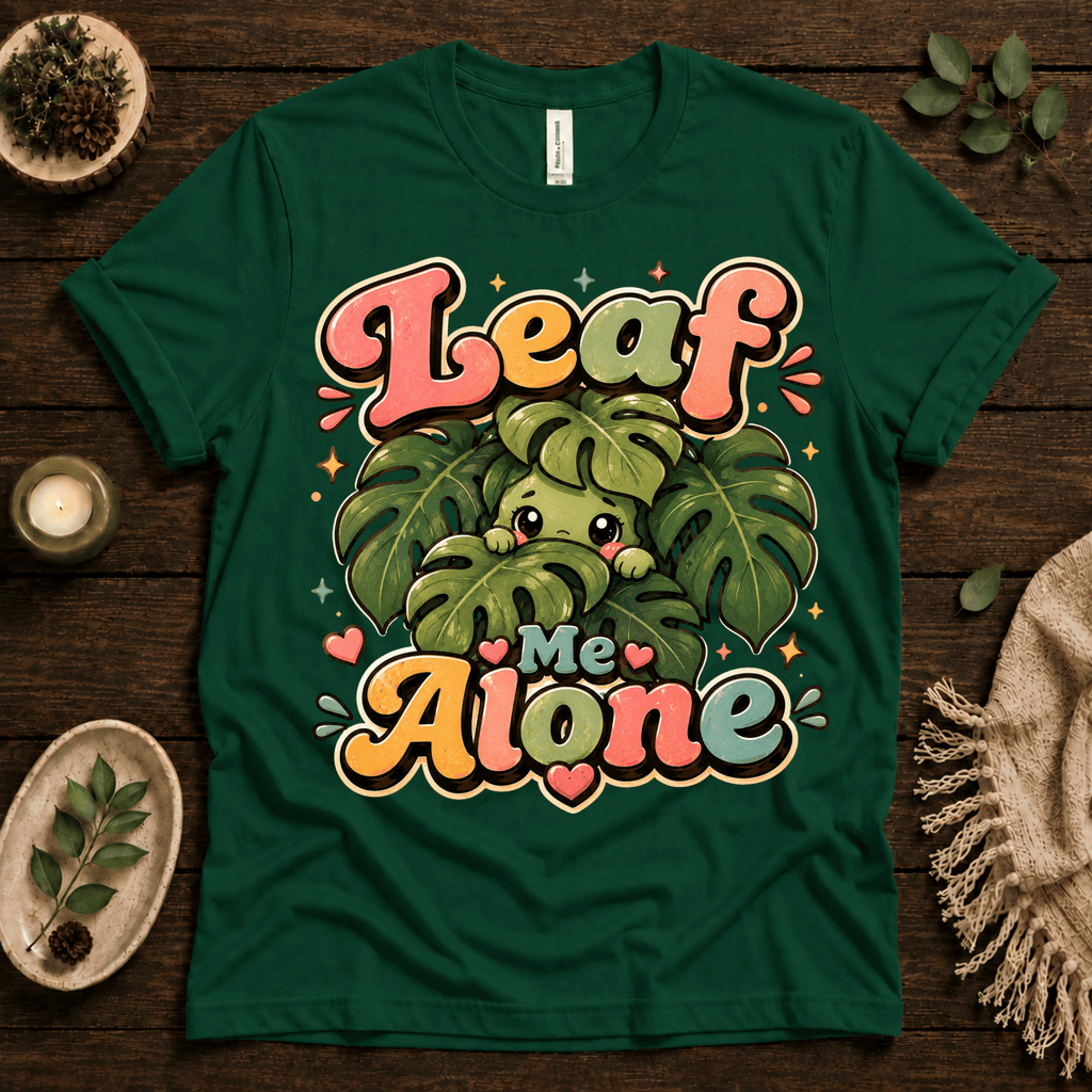 Leaf Me Alone funny nature graphic t-shirt cozy flat lay in evergreen.