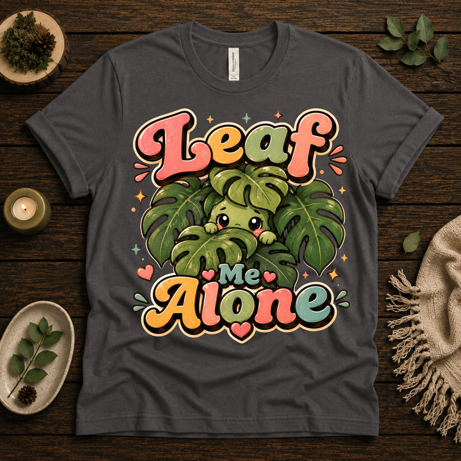 Leaf Me Alone funny nature graphic t-shirt cozy flat lay in asphalt.