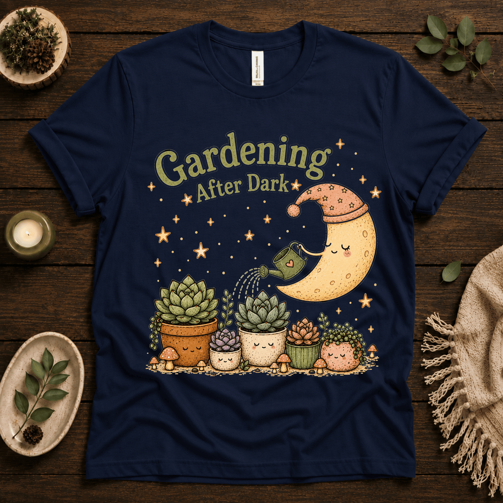 Gardening After Dark nature lover graphic t-shirt cozy flat lay in navy.