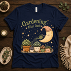 Gardening After Dark nature lover graphic t-shirt cozy flat lay in navy.