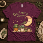 Gardening After Dark nature lover graphic t-shirt cozy flat lay in maroon.
