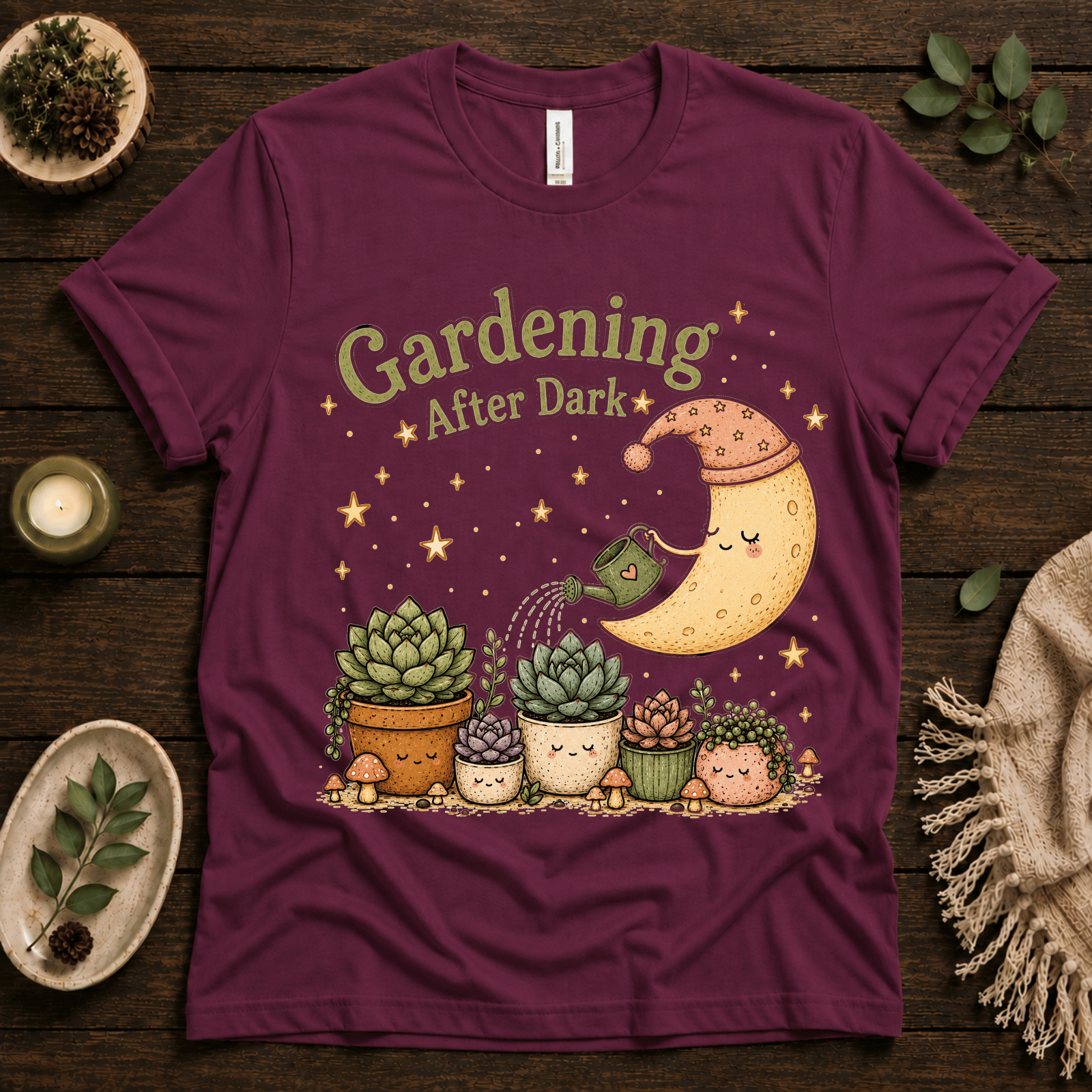 Gardening After Dark nature lover graphic t-shirt cozy flat lay in maroon.