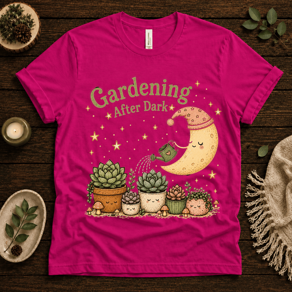 Gardening After Dark nature lover graphic t-shirt cozy flat lay in charity pink.