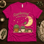 Gardening After Dark nature lover graphic t-shirt cozy flat lay in charity pink.