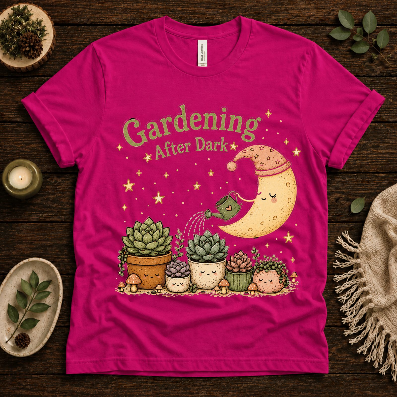 Gardening After Dark nature lover graphic t-shirt cozy flat lay in charity pink.