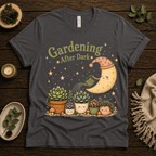Gardening After Dark nature lover graphic t-shirt cozy flat lay in asphalt.