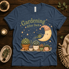 Gardening After Dark nature lover graphic t-shirt cozy flat lay in deep heather.