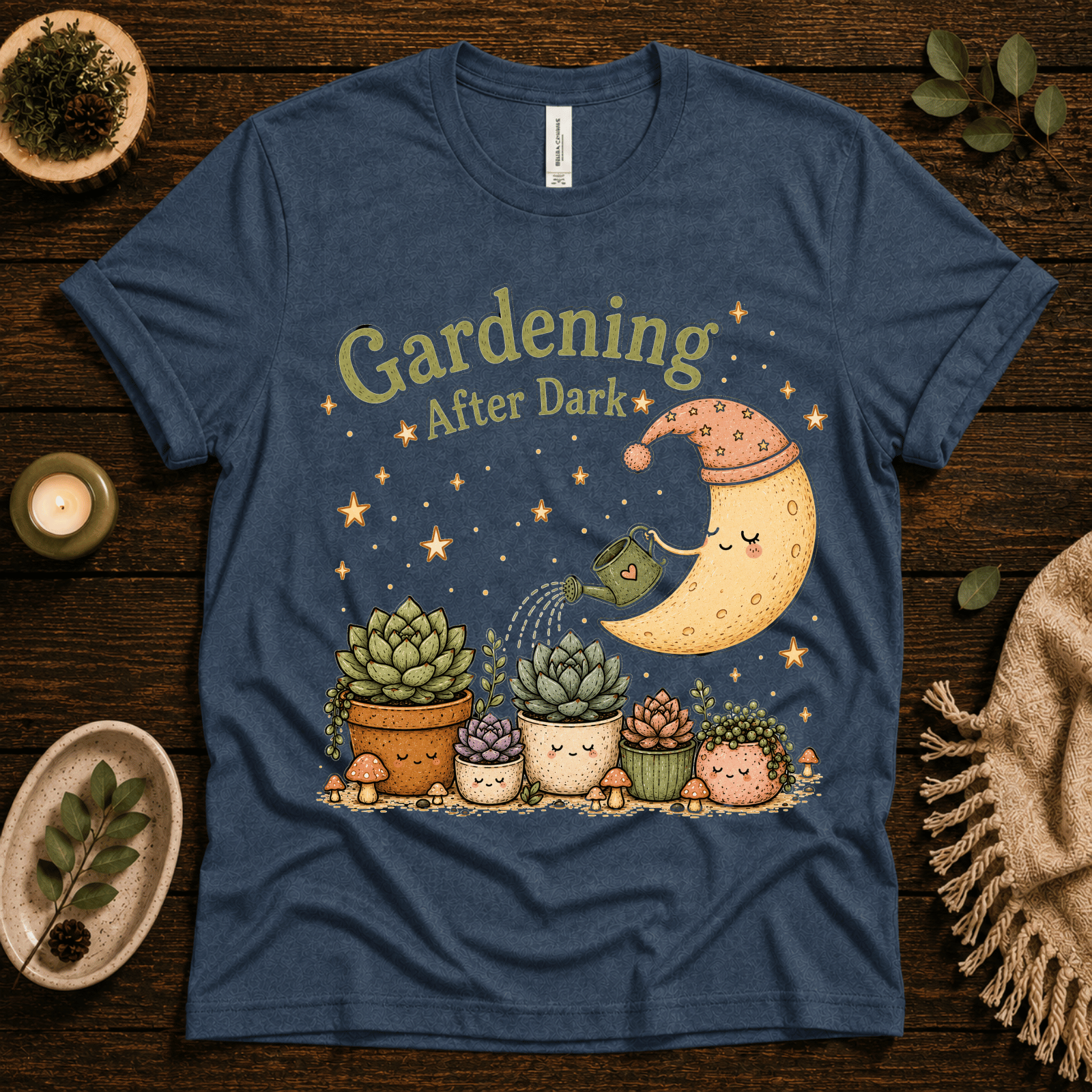 Gardening After Dark nature lover graphic t-shirt cozy flat lay in deep heather.