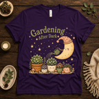 Gardening After Dark nature lover graphic t-shirt cozy flat lay in team purple.