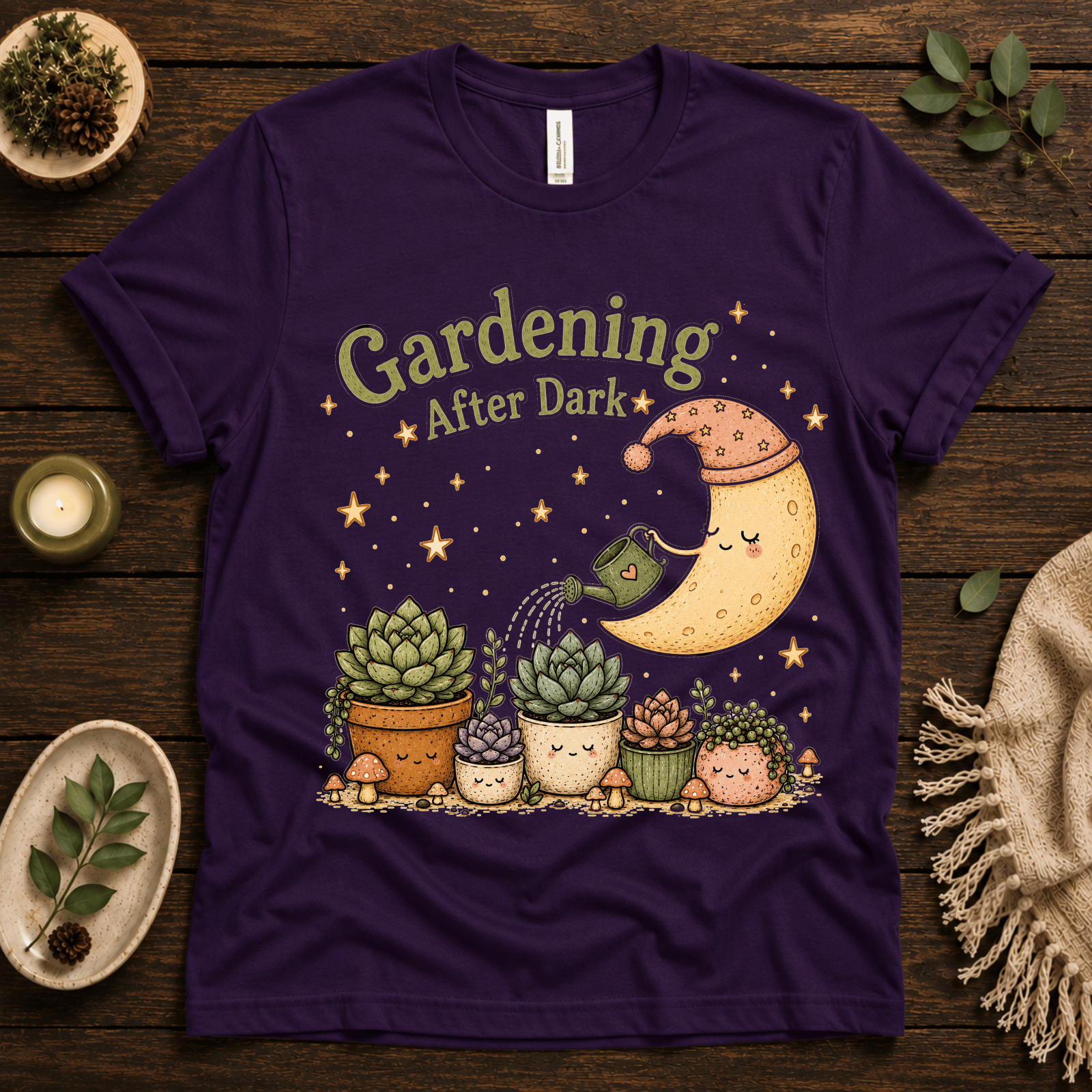 Gardening After Dark nature lover graphic t-shirt cozy flat lay in team purple.