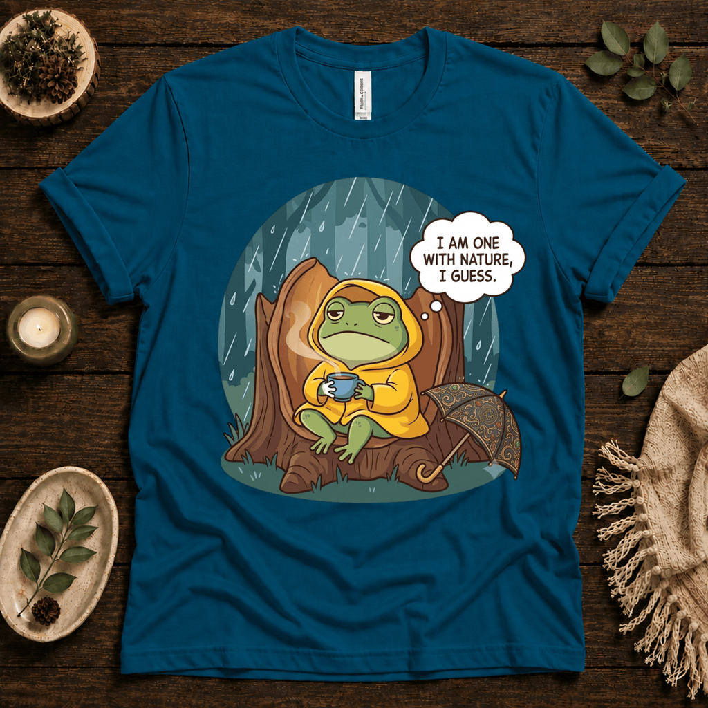 One With Nature funny nature graphic t-shirt cozy flat lay in deep teal.