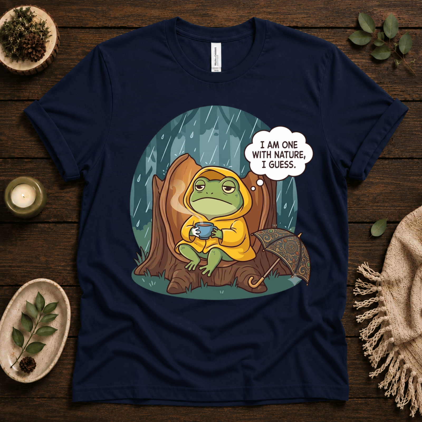 One With Nature funny nature graphic t-shirt cozy flat lay in navy.